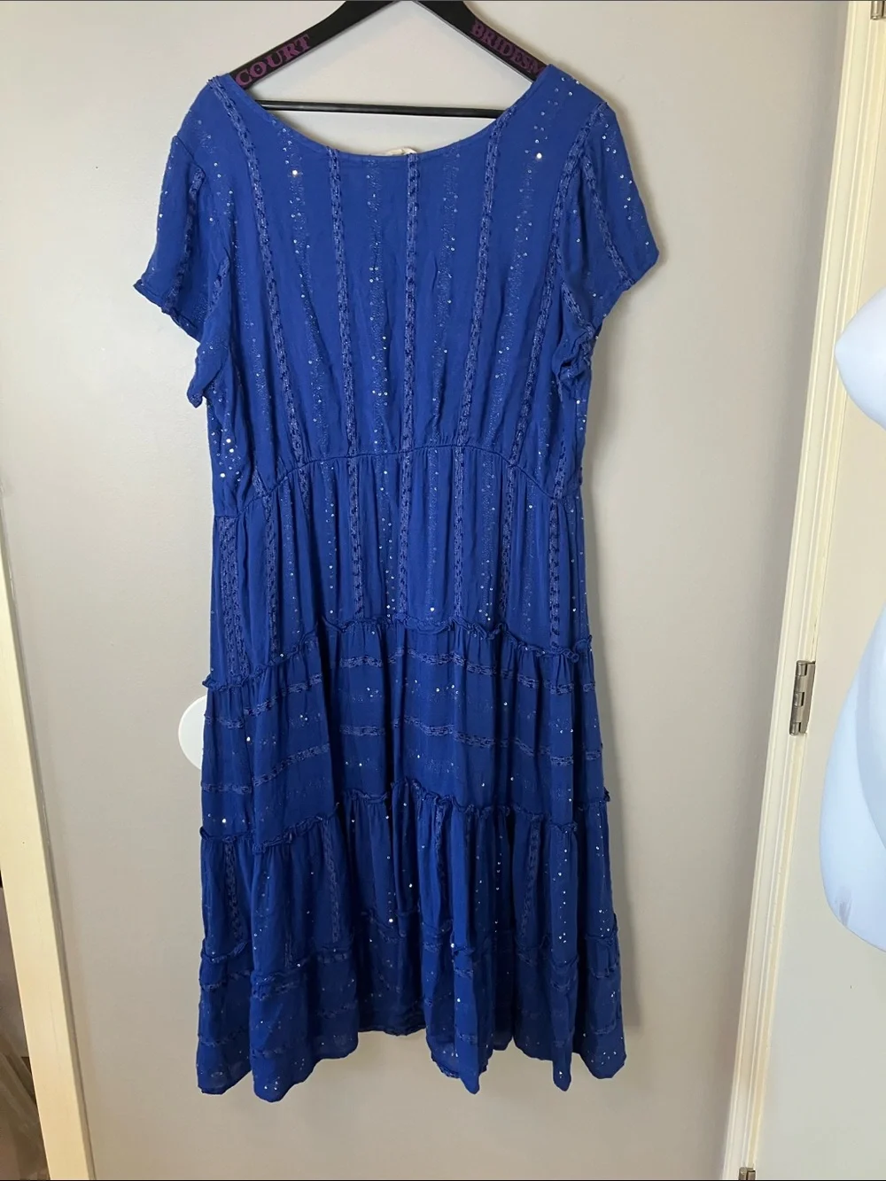 Soft Surroundings Blue Sequin Pull On Tiered Dress Women's Size 1X Boho Chic